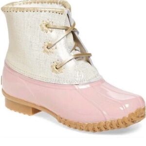 Jack Rogers Chloe rain boots in blush pink and shimmer gold leather